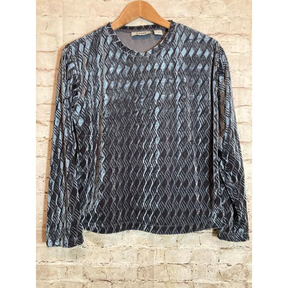 Zanz Silk Velvet Top Womens Medium Dark Silver Boxy Swirl Textured Stretch - Picture 1 of 11